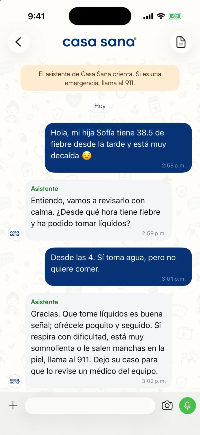 Una consulta en el chat de la app de Casa Sana