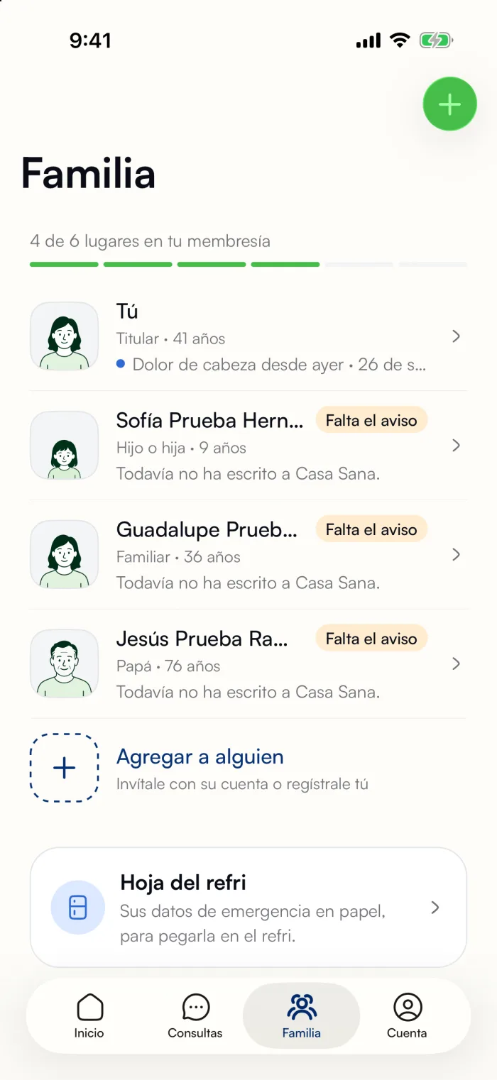 La pantalla de Familia en la app de Casa Sana, con el expediente de cada persona
