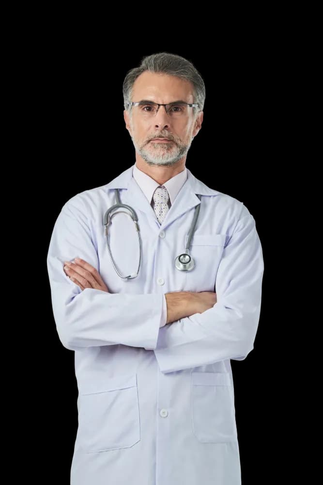 Médico de Casa Sana con bata y estetoscopio, de brazos cruzados